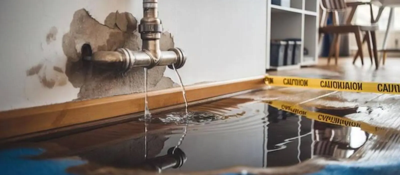 Burst pipe spraying water onto the floor with caution tape across the wet area