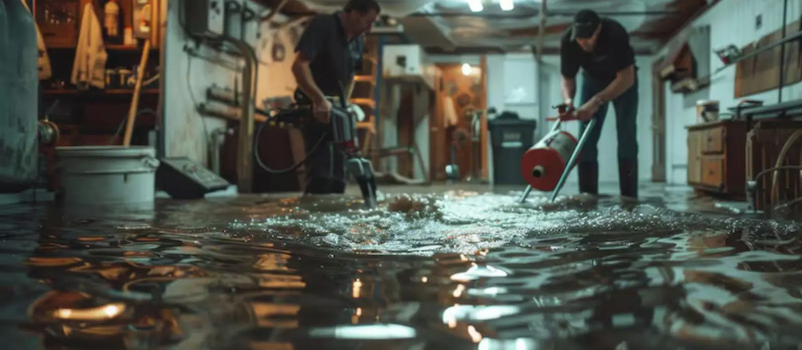 Two crew members using extraction equipment in a flooded basement
