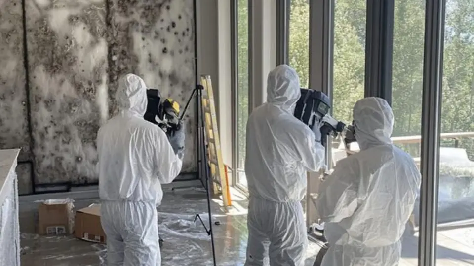 Team in protective suits inspecting a mold-covered room with a camera