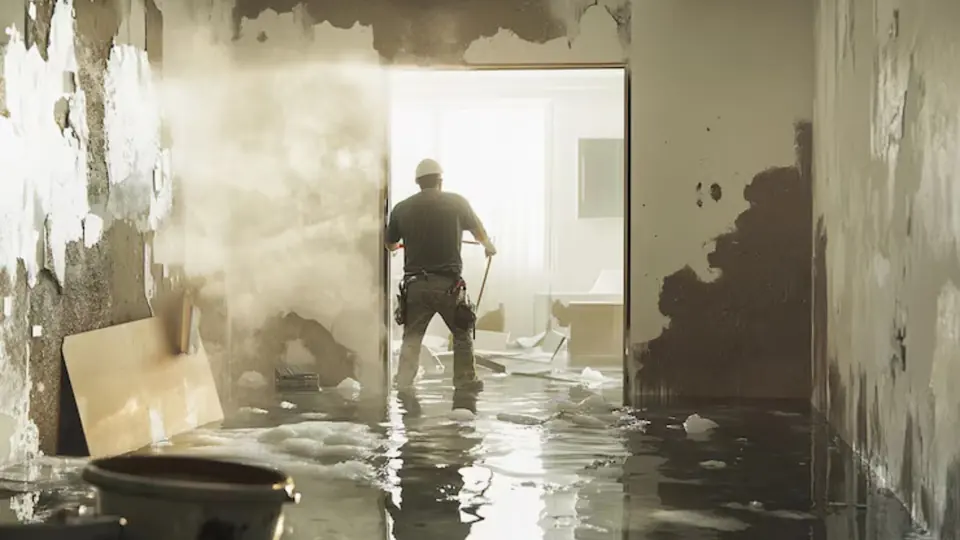 Worker standing in a room with wet drywall removed down to the studs