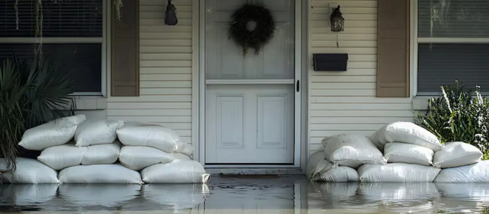Sandbags stacked at the front door of a house with floodwater rising on the porch