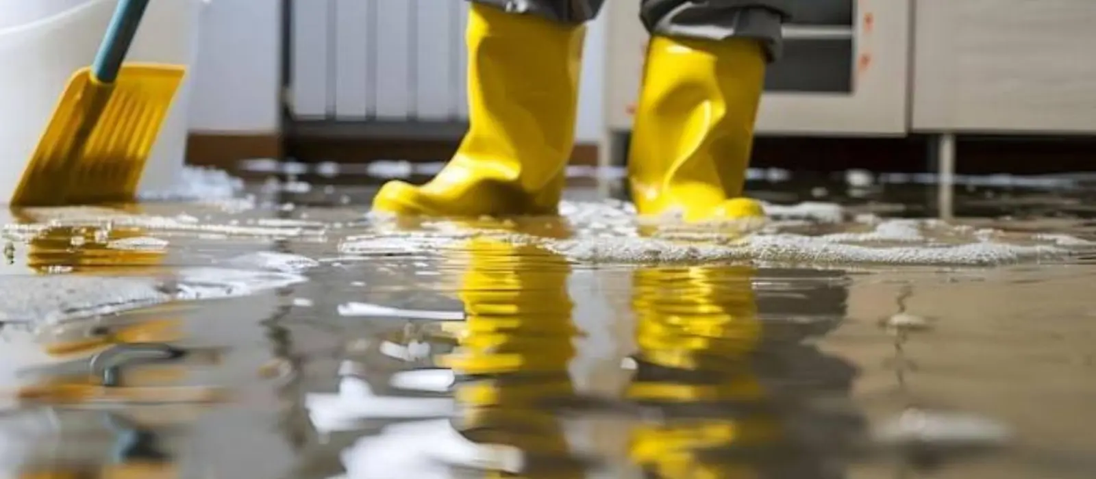 Rubber boots and a shovel in standing water on a wet kitchen floor
