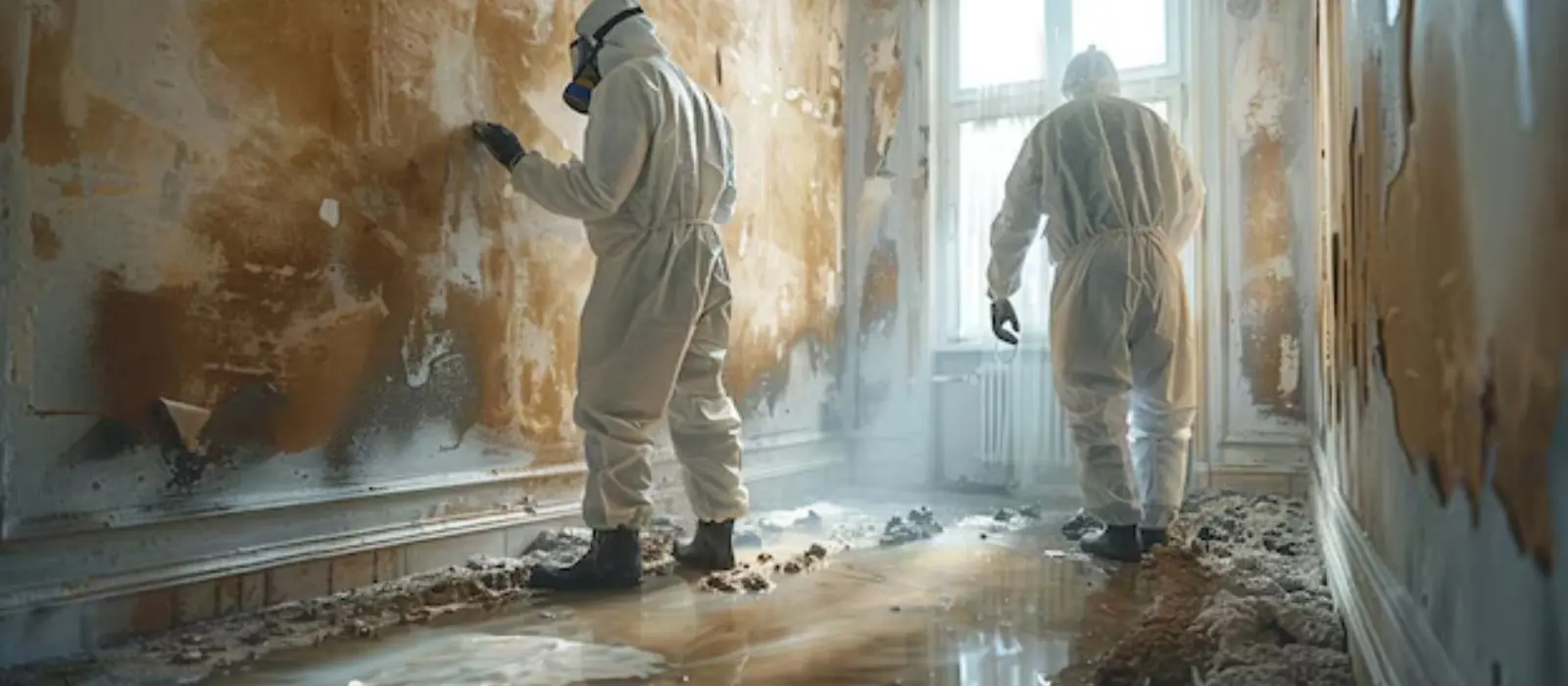 Two workers in protective suits and respirators assessing a mold-damaged room